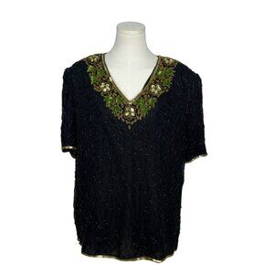 Vintage Stenay Black Silk Beaded Top With Embroidered Accents Sz 2X